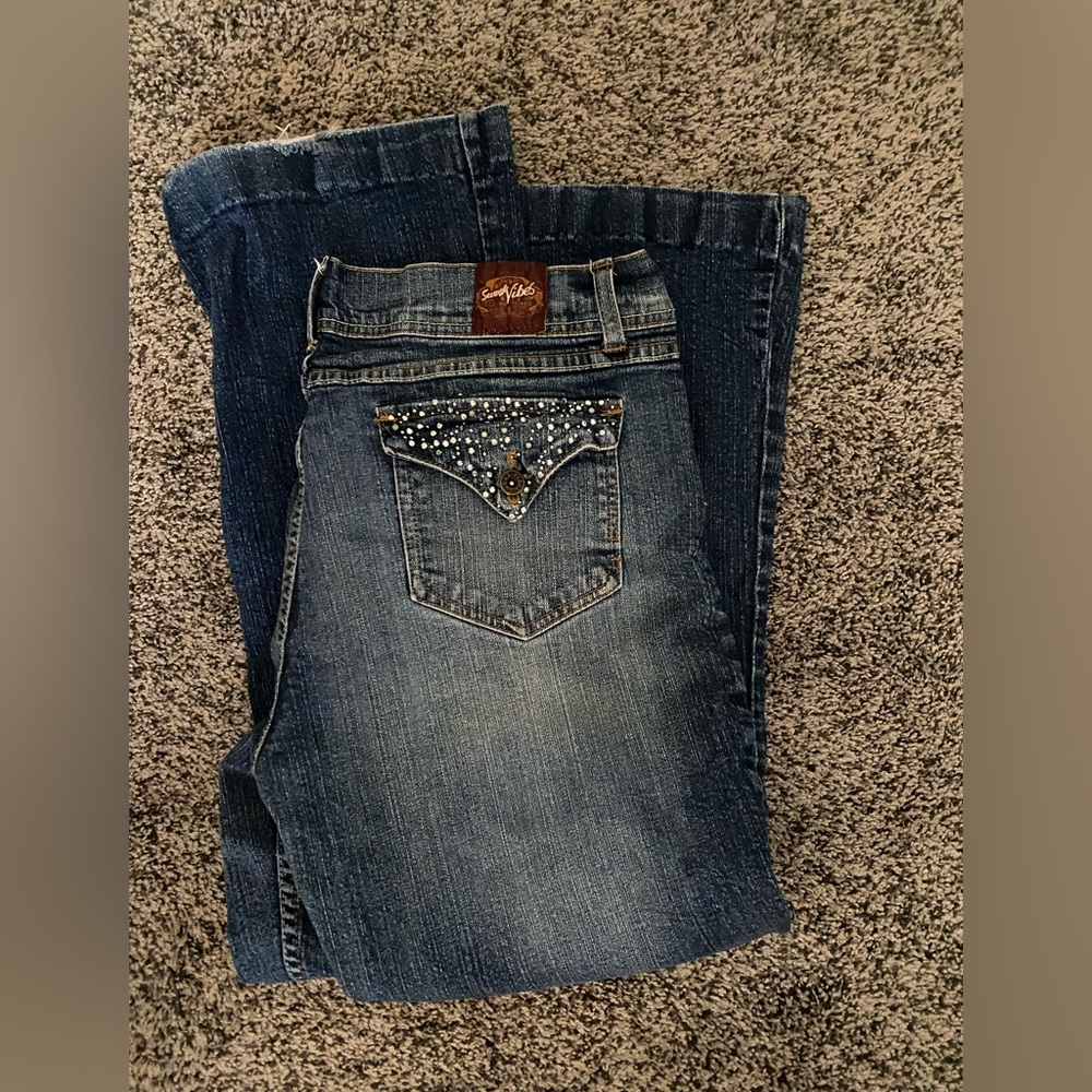 Sweet Vibes Jeans 15 Juniors Stretch Blue Denim Bling Accents Read Description